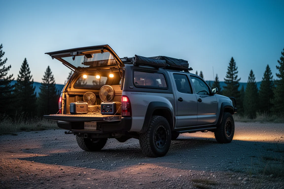 Campo overland al crepuscolo con un pickup e una luce calda che brilla dal cassone
