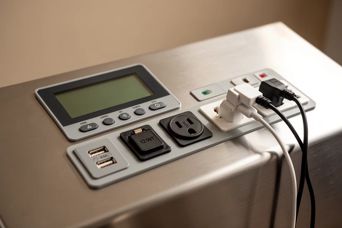 Primo piano dei cavi di ricarica collegati al pannello frontale di una power station portatile