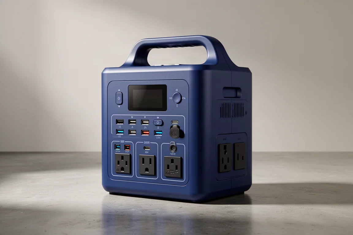 Large blue portable power station with carry handle and front port panel on concrete