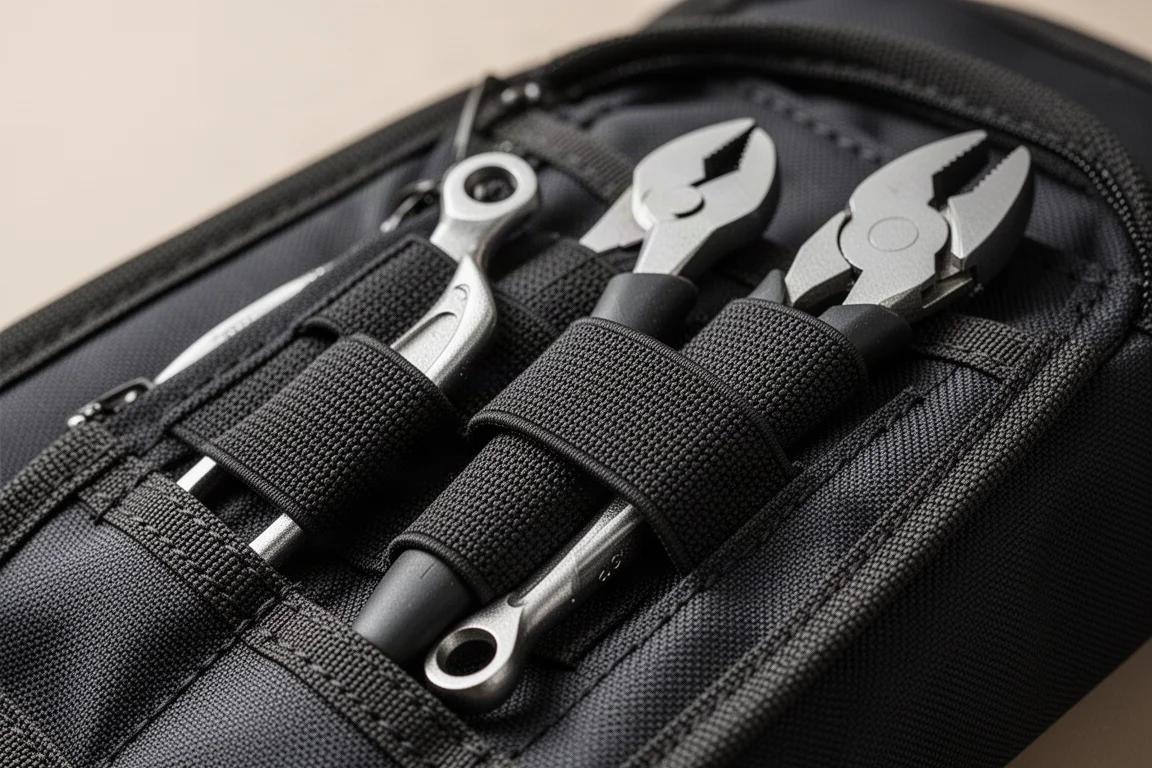 Detailopname van elastische lussen met tangen in een stoffen tas