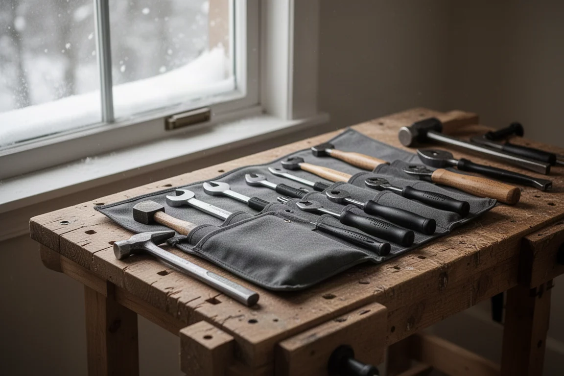 Met sneeuw bestoven werkbank met gereedschap voor een winterkit