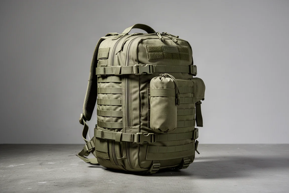 纖細的卡其色戰術背包附有 MOLLE 織帶，水泥地面上放著一個捲起的暫存袋