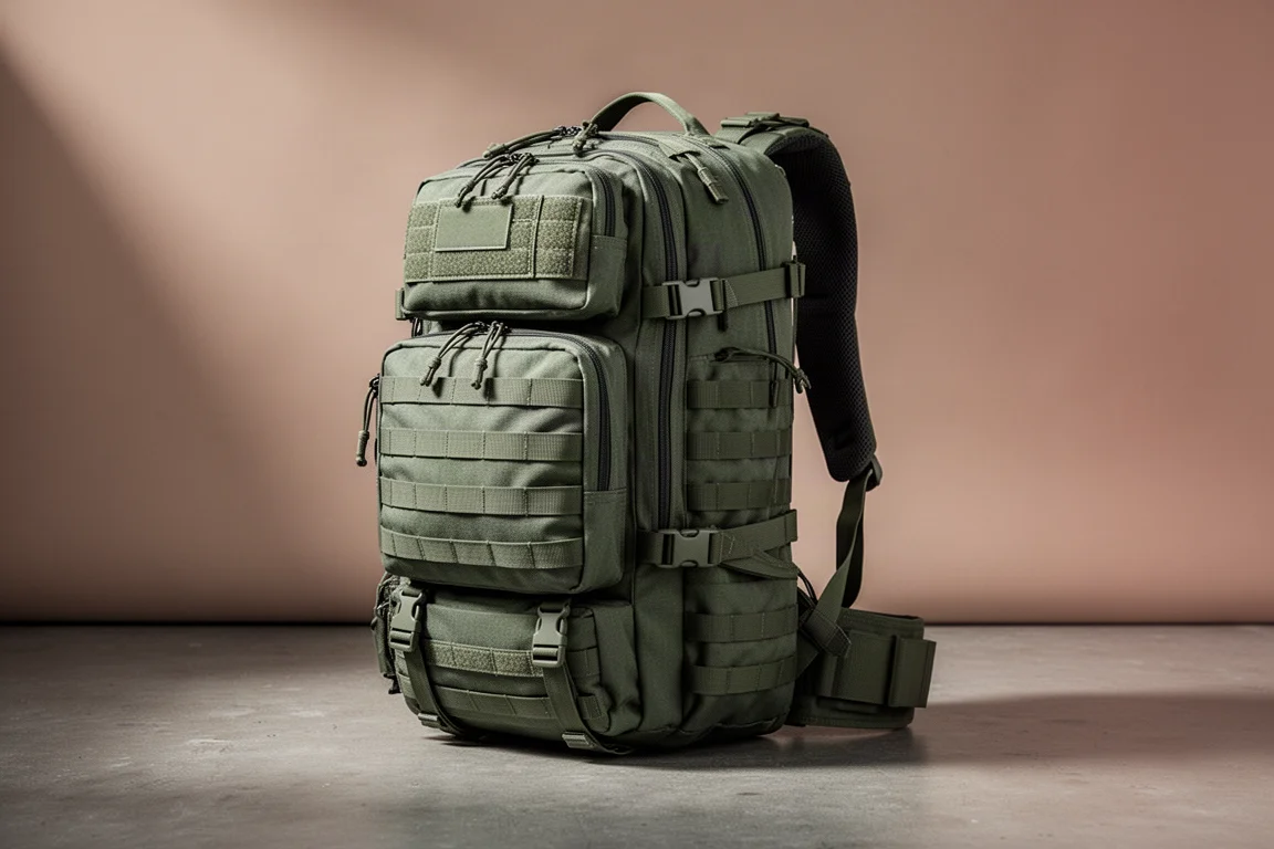 Foliage green tactical-style 36-liter backpack standing upright against a warm grey backdrop