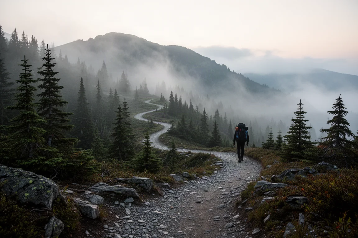 Misty mountain trail at dawn with switchbacks through evergreen forest