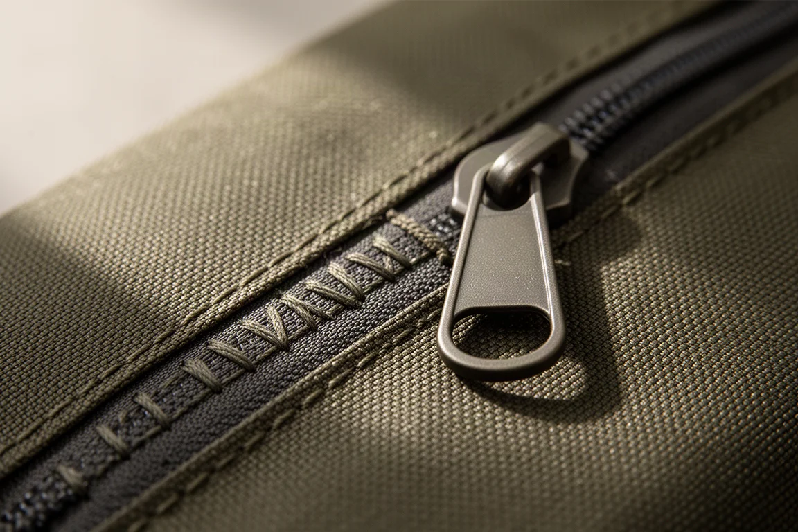 Close-up of ballistic nylon fabric weave with stitching and a metal zipper pull