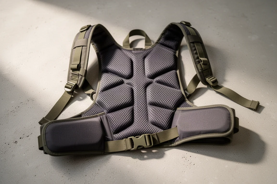 Ventilated backpack harness with 3D mesh padding and waist belt on concrete