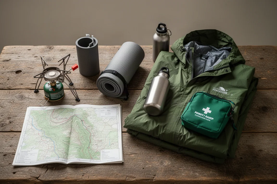 Outdoor gear flat-lay with trail map, stove, water bottle, and rain jacket