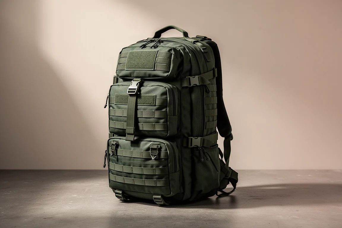 Foliage green tactical-style 36-litre hiking backpack standing on a concrete surface