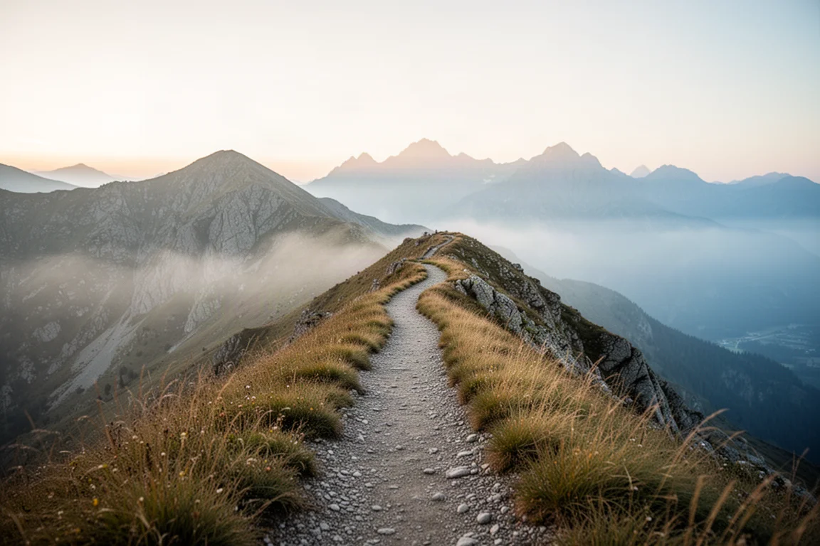 Sentiero di montagna deserto all'alba con nebbia nella valle sottostante