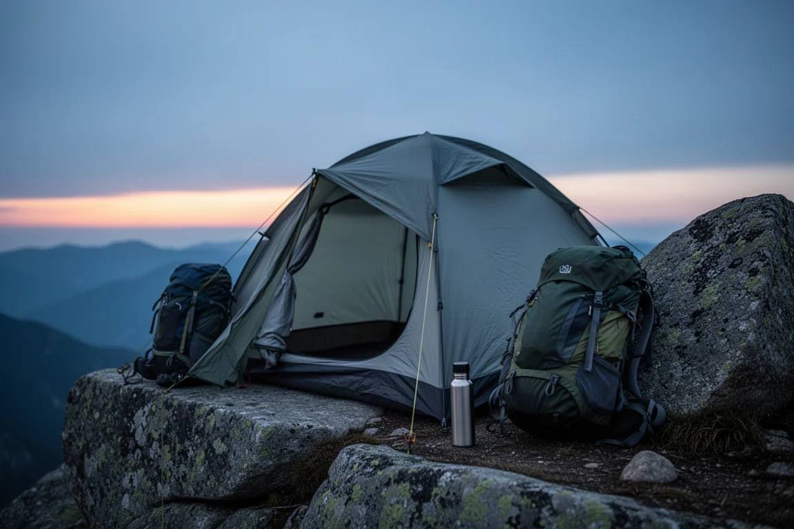 Piccola tenda montata su una cengia di montagna al crepuscolo con uno zaino appoggiato accanto