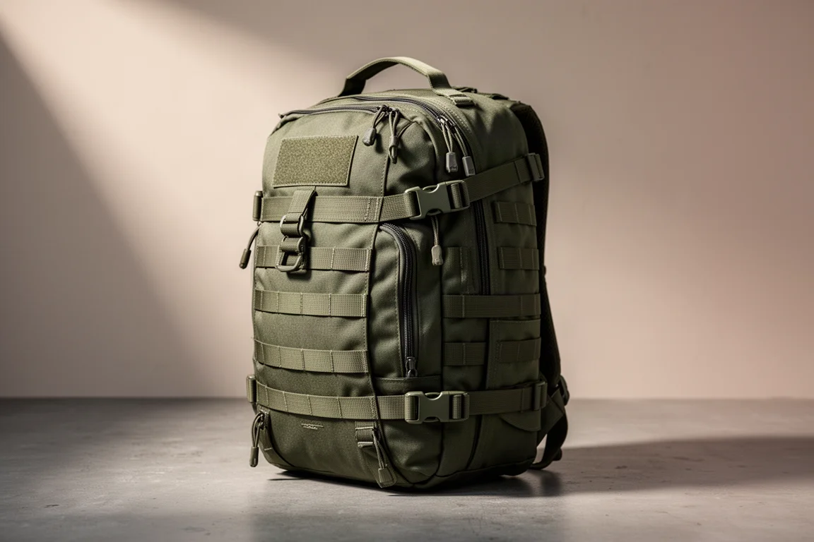 Olive green tactical-styled hiking backpack standing upright on a concrete surface