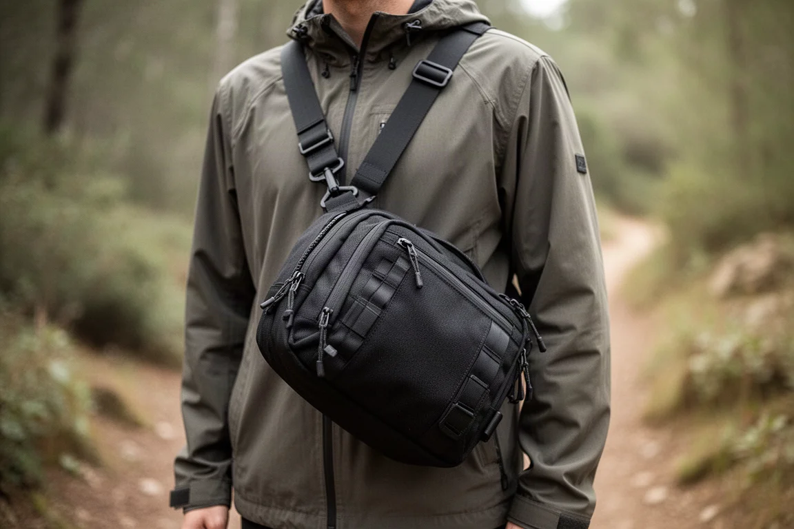 Sling-Style-EDC-Tasche quer über der Schulter getragen, mit sichtbarem Gurt