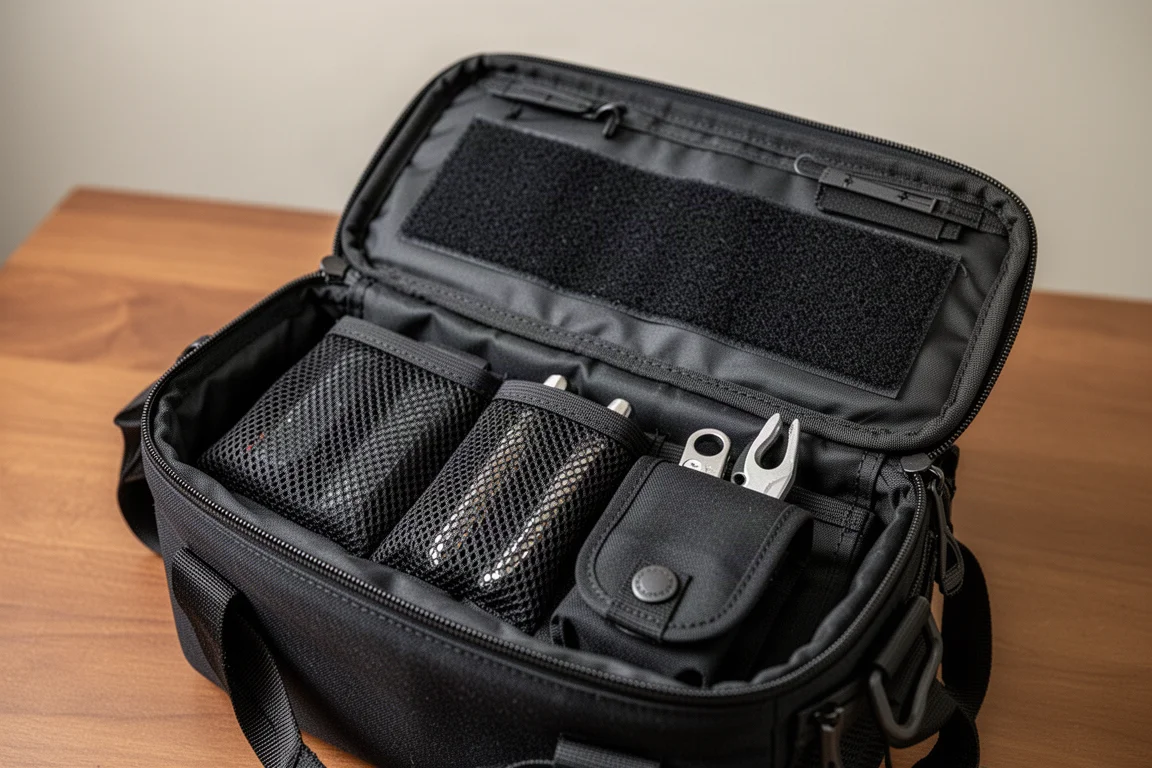Geöffnete EDC-Tasche mit sichtbaren Mesh-Innentäschchen und Klettband-Panel