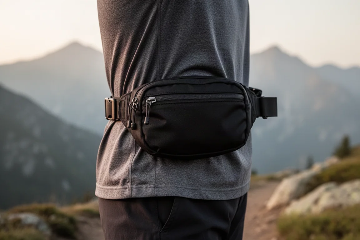Bauchtasche, eng an den Hüften festgezogen, während einer Outdoor-Aktivität