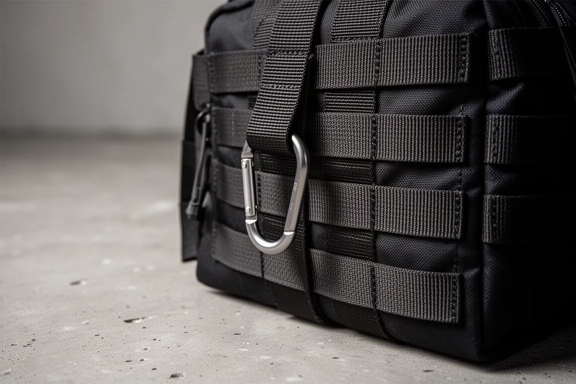 Nahaufnahme eines robusten, Sicherheitsgurt-artigen Gewebegurts an der Seite einer EDC-Tasche
