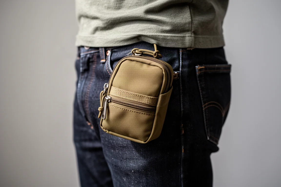 Small khaki EDC pouch sitting in the front pocket of jeans