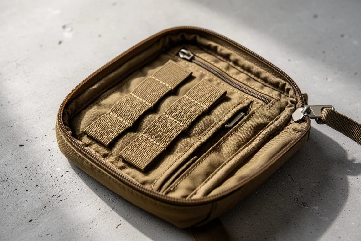 Interior elastic straps and slide-in pockets of a small organizer pouch