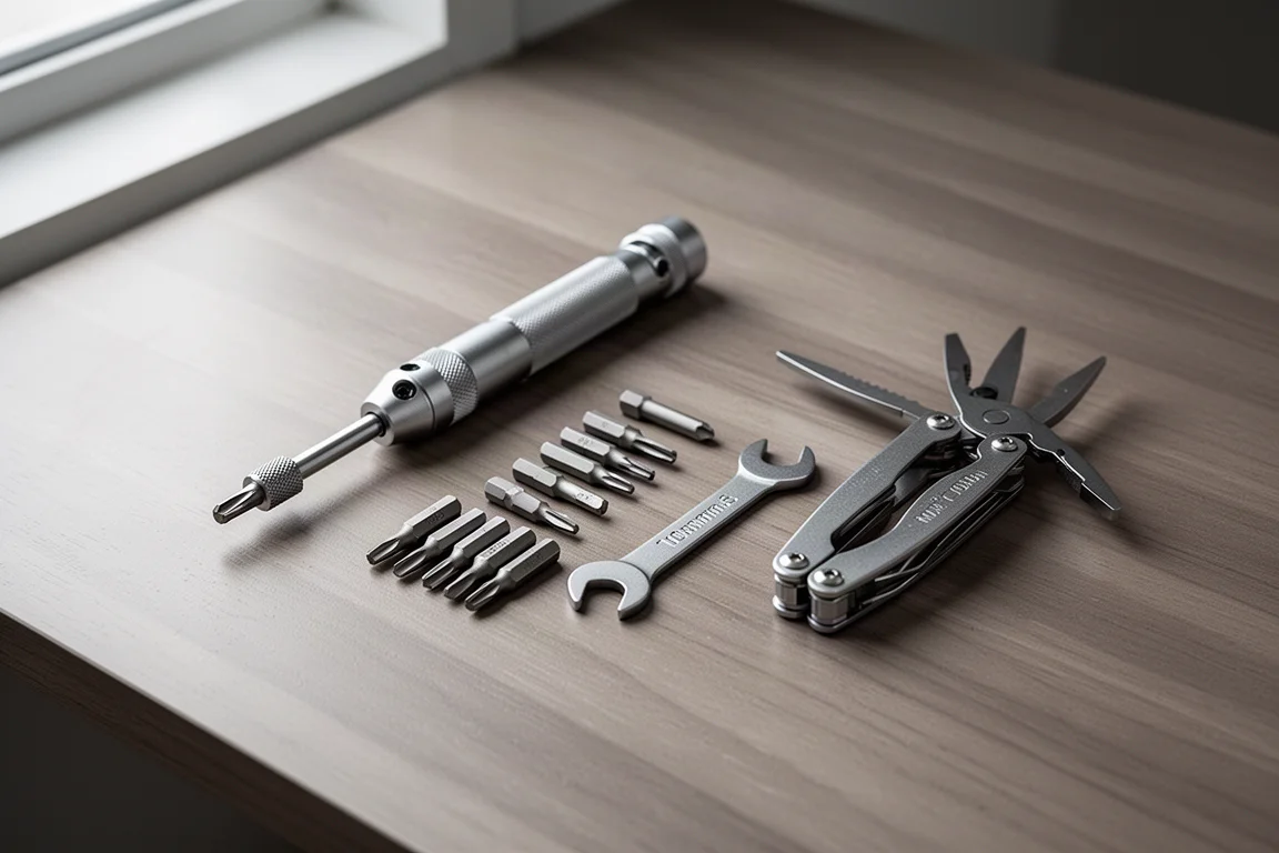 Small precision tools laid out flat on a wooden desk