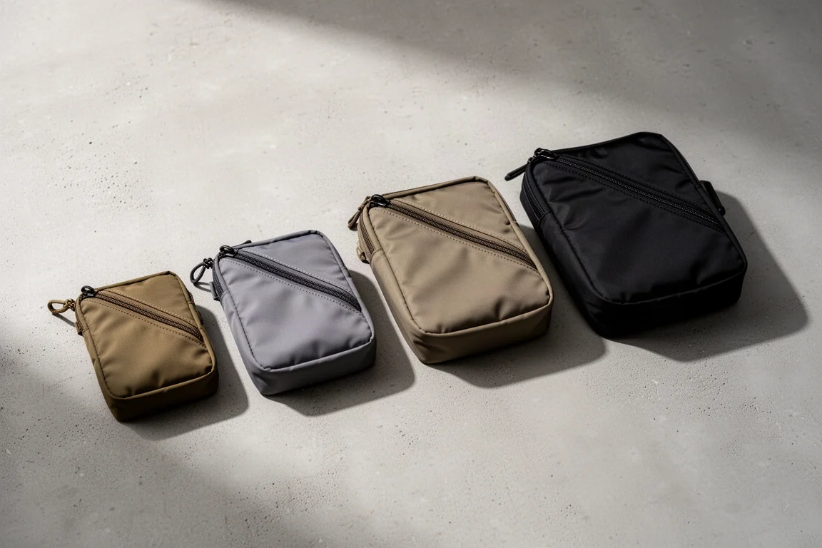 Range of organizer pouches in graduated sizes lined up on concrete