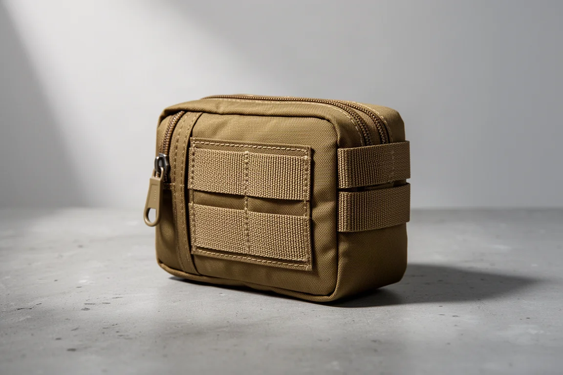 放置在水泥地面上的卡其色小型 Maxpedition Pico Pocket Organizer 收納包