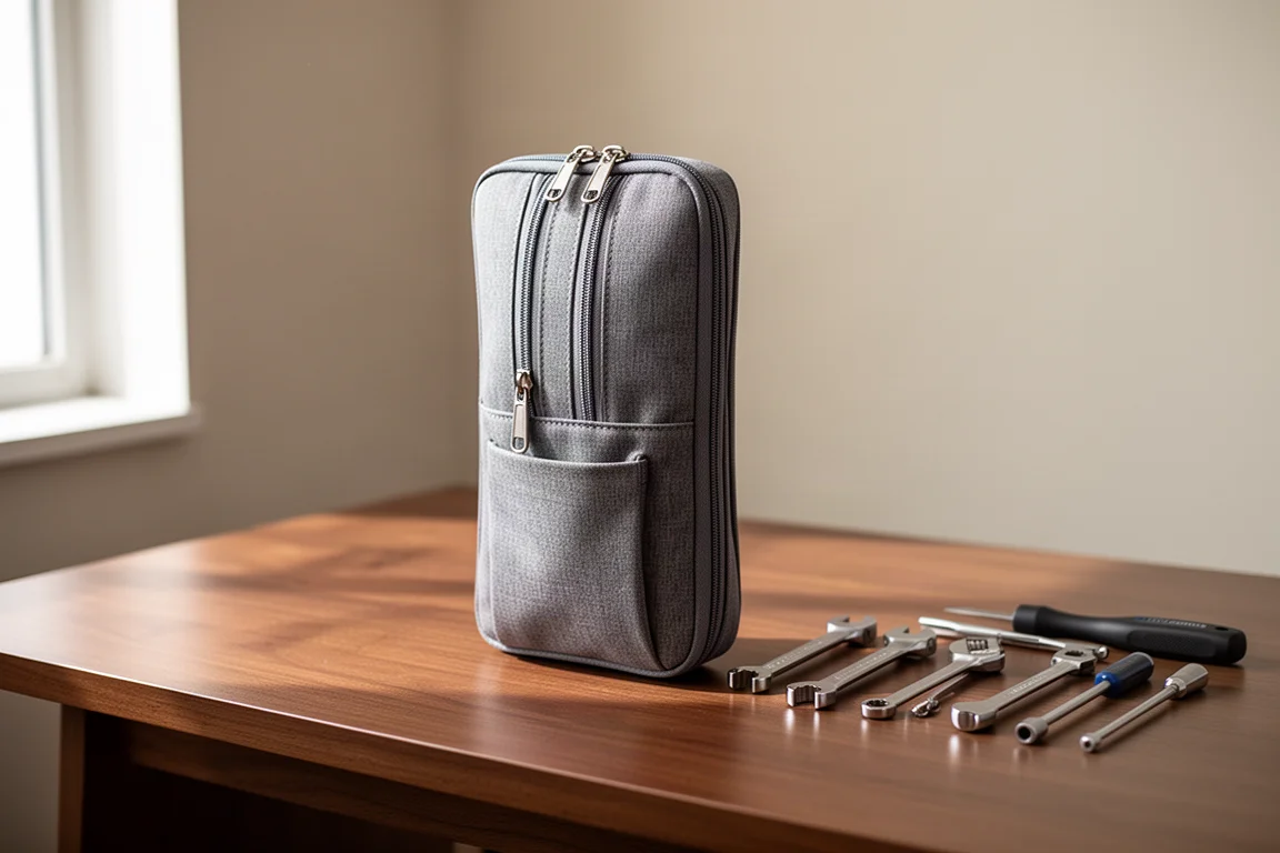 Pochette organisatrice fine en tissu gris, debout sur un bureau en bois
