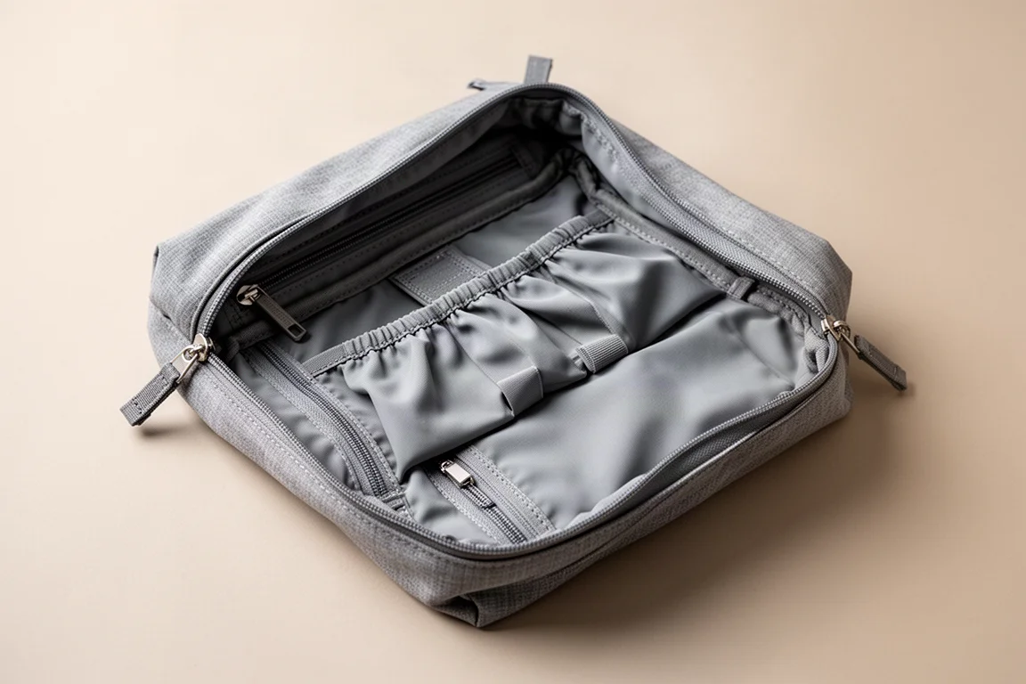 Pochette en tissu ouverte avec poches internes sur une table neutre