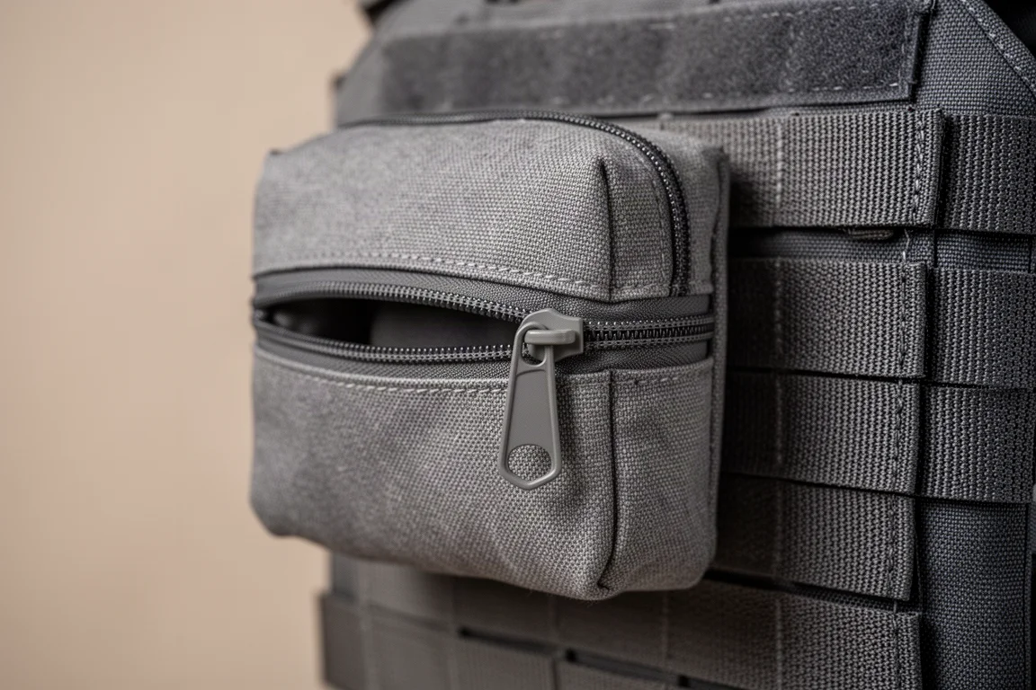 Petite pochette rembourrée avec fermeture éclair partiellement ouverte sur des sangles sombres