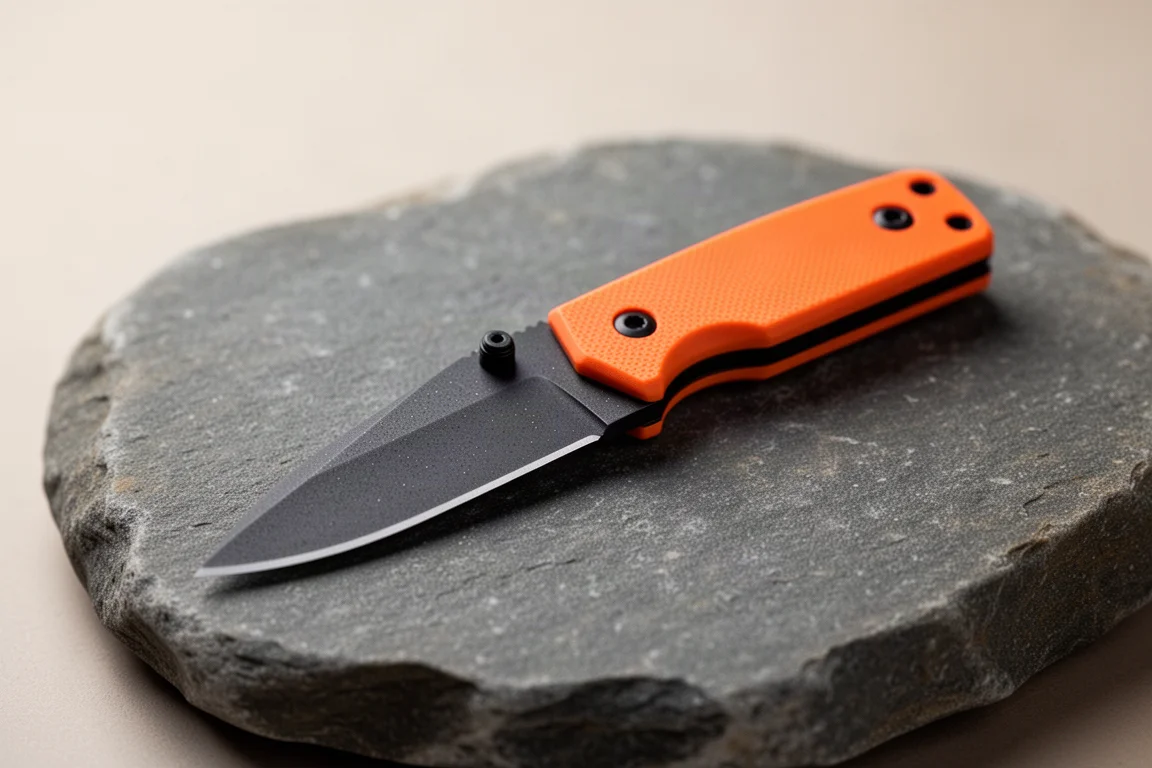 Minuscule couteau à lame fixe avec manche orange posé sur une surface en pierre