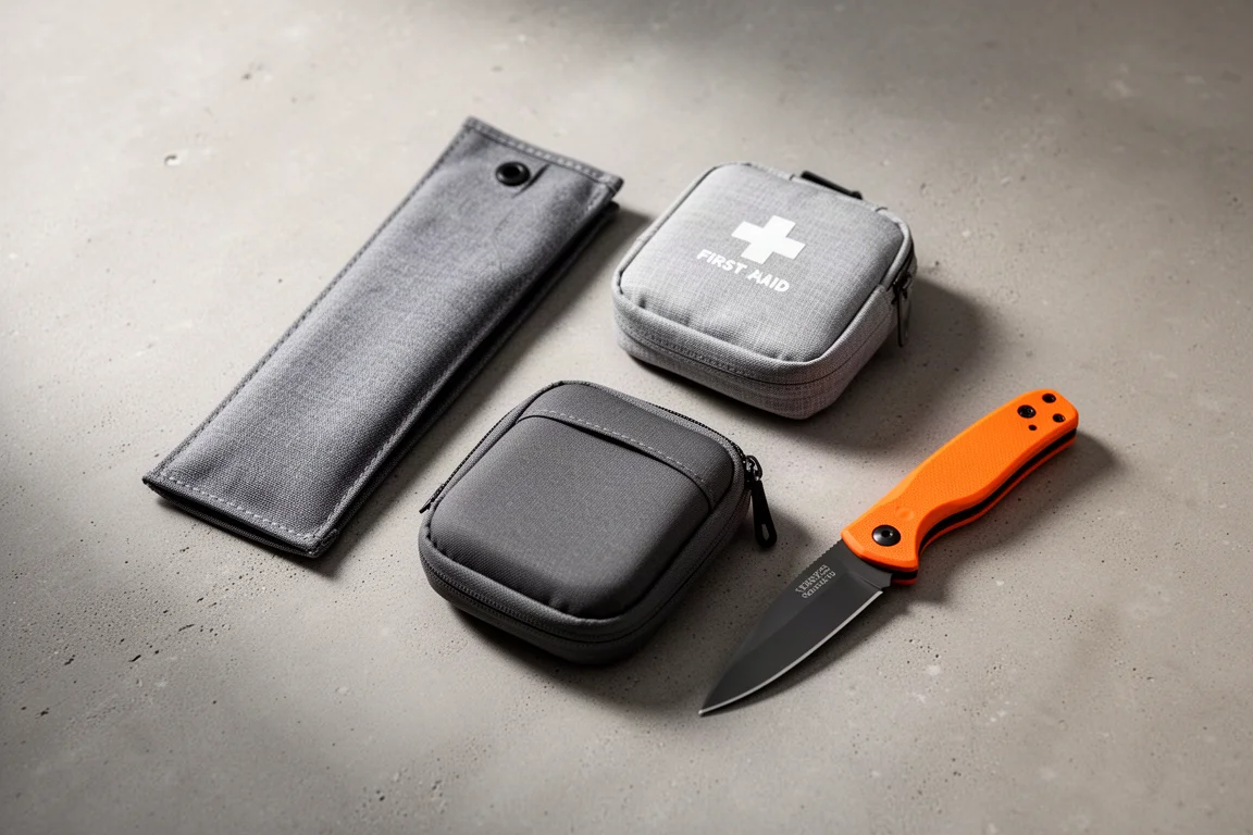 Three grey fabric pouches and a small orange-handled knife arranged on a concrete surface
