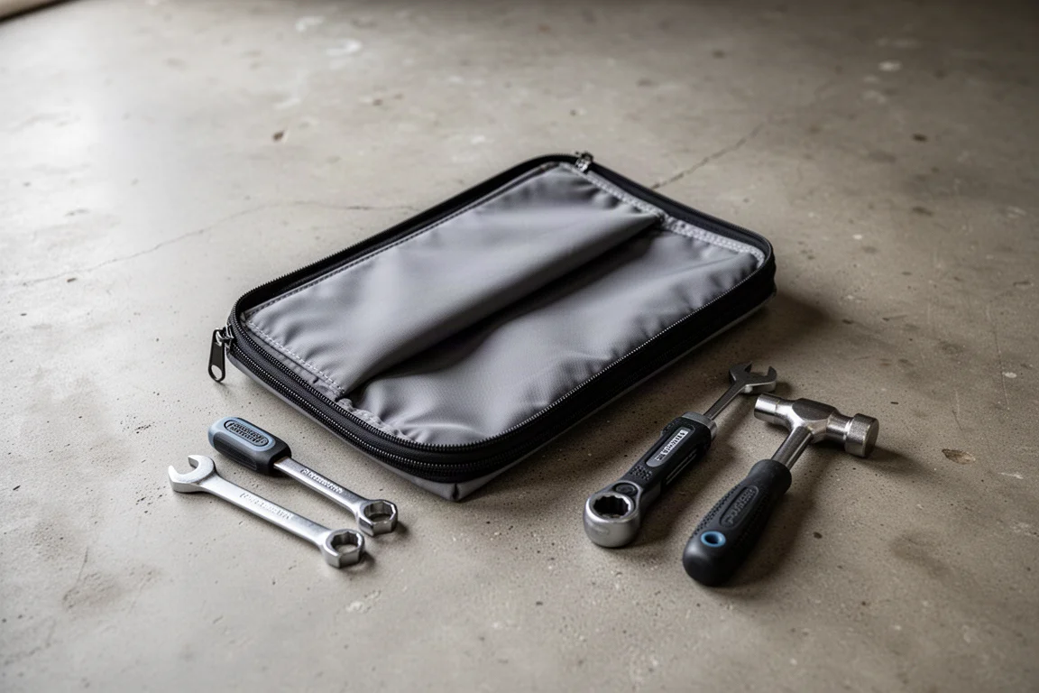 Een slanke stoffen tas plat opengevouwen op een garagevloer met gereedschap erbij