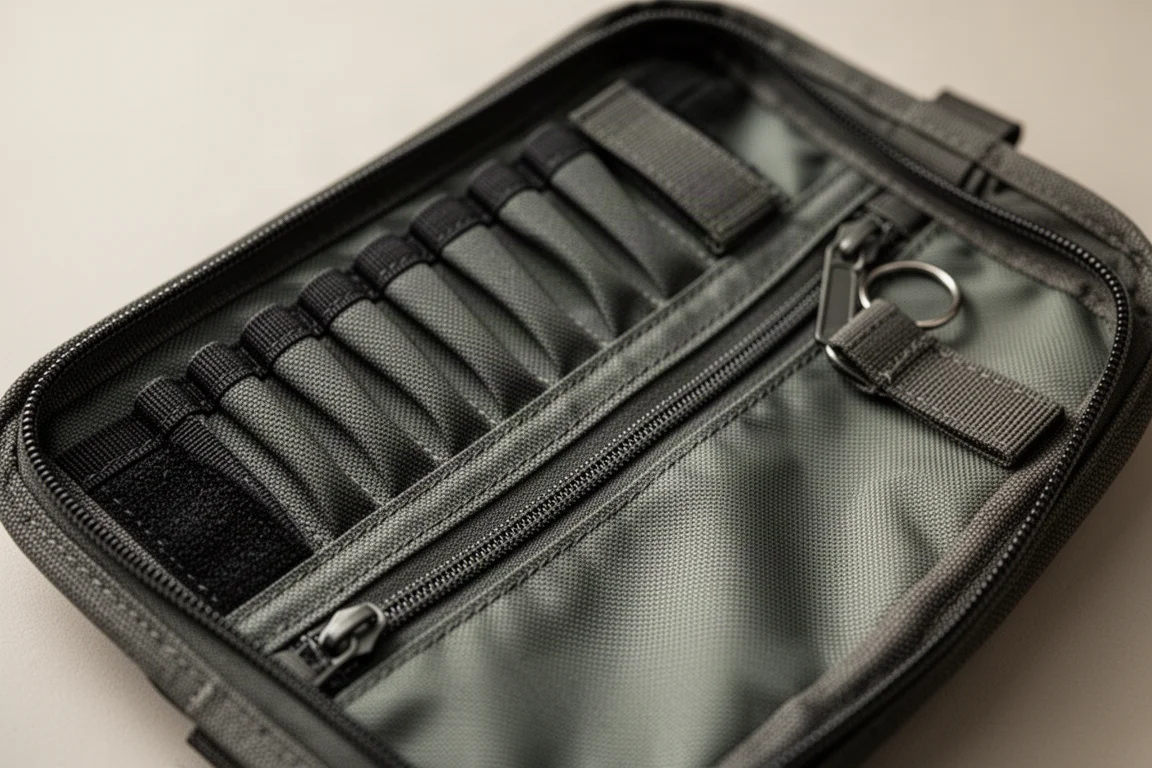 Interieur van een open tas met elastische vakken en een lang ritsvak