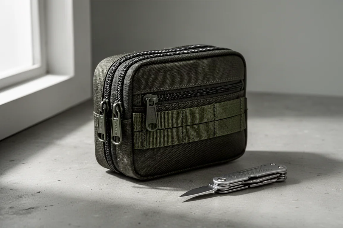 Compact dark nylon zipper pouch with double zippers beside a small multi-driver tool