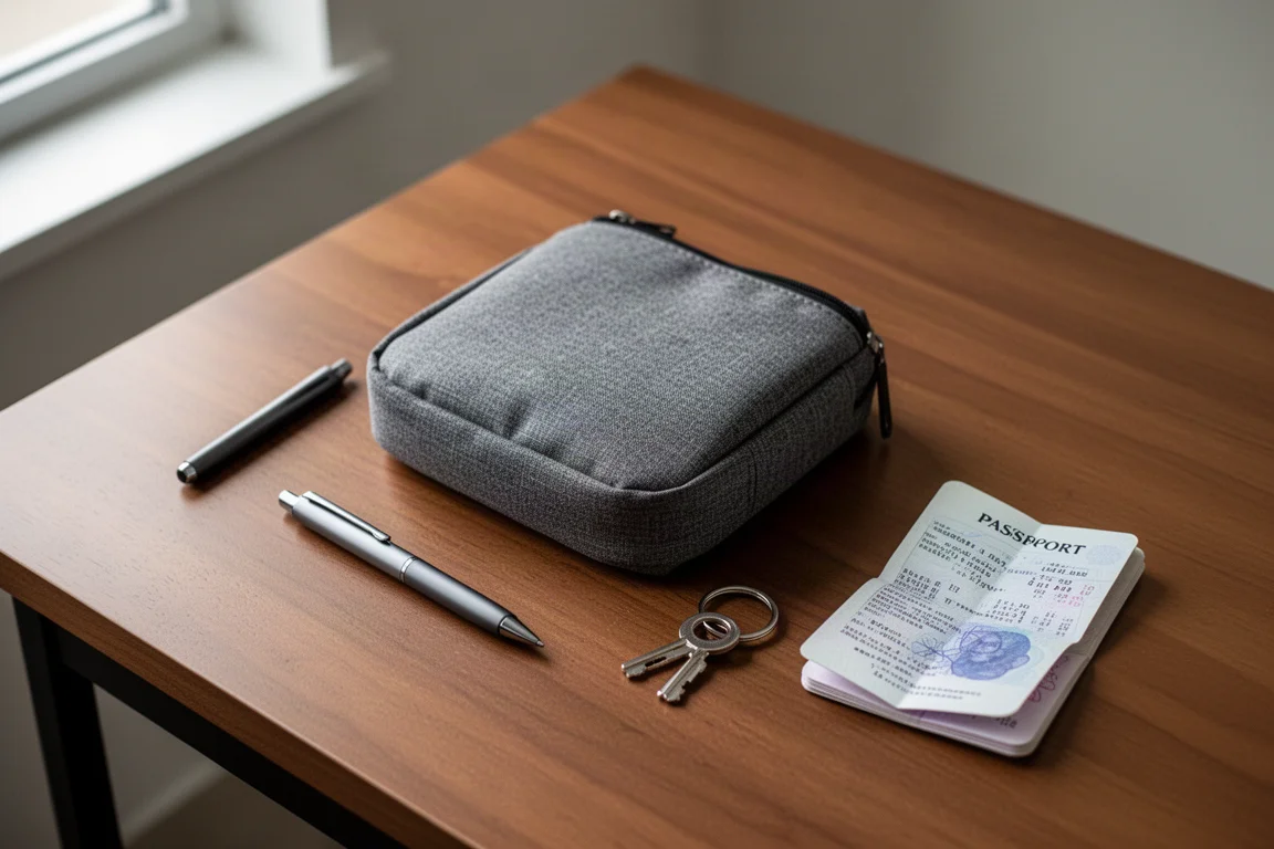 Compact organizer pouch on a wooden desk with travel essentials laid out beside it