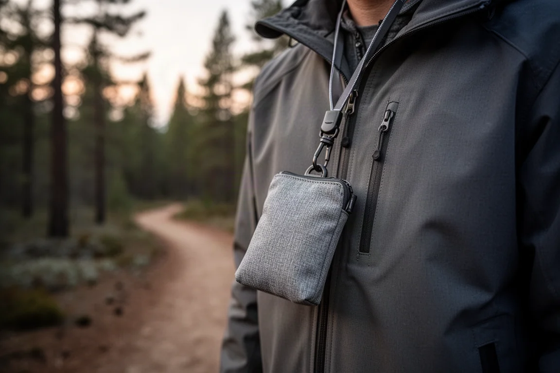 Zippered organizer pouch worn on a lanyard around a jacket zipper area