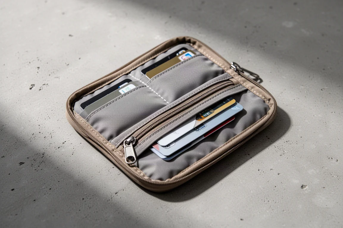 Open organizer pouch showing internal card slots and a zippered compartment