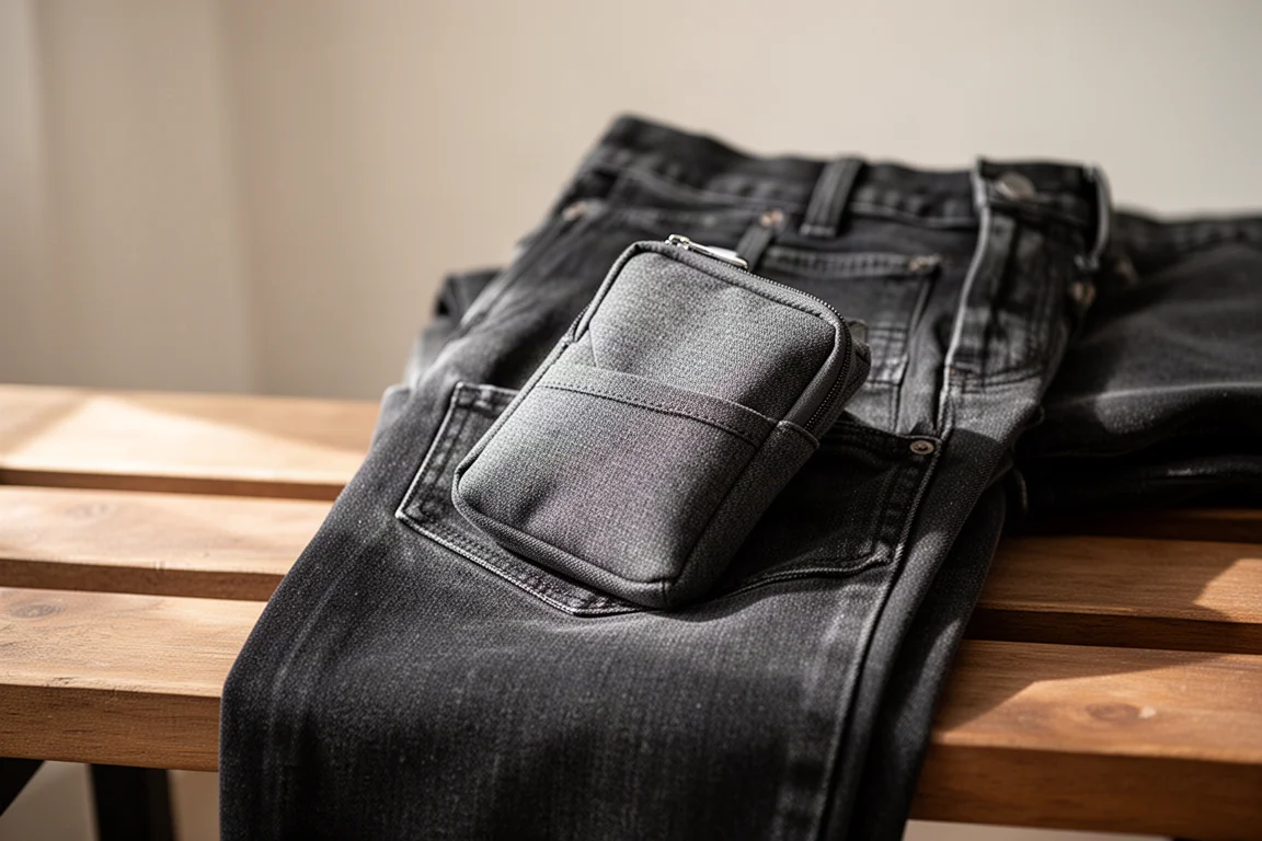 Small pocket organizer pouch tucked into the front pocket of denim jeans