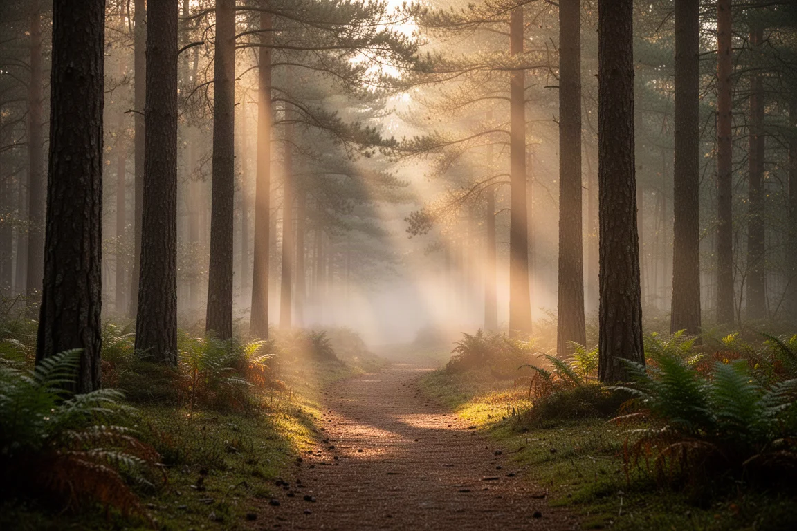 Sentiero in una foresta nebbiosa all'alba con luce dorata che filtra tra i pini