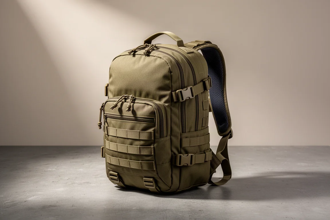 Compact khaki foliage daypack standing upright on a matte concrete surface