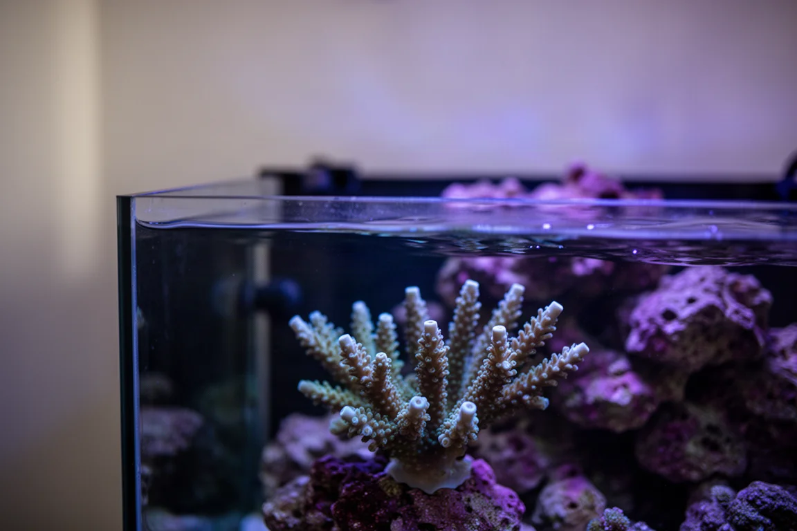 Riffaquarium in tiefem Blau, im Vordergrund Korallenpolypen