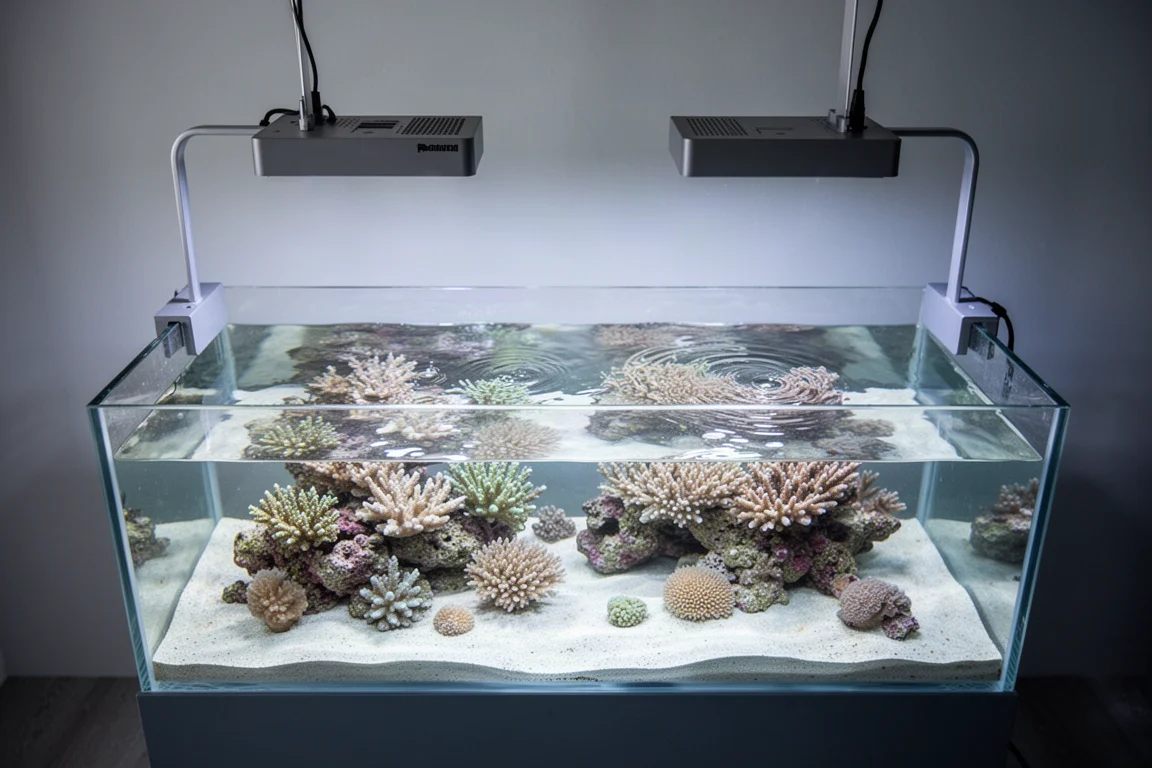 Zwei kompakte LED-Leuchten über einem flachen Riffbecken mit Weichkorallen