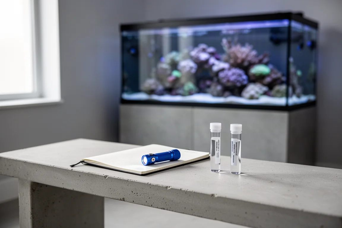 Notizbuch, blaue Taschenlampe und Teströhrchen auf einer Werkbank vor einem Riffaquarium