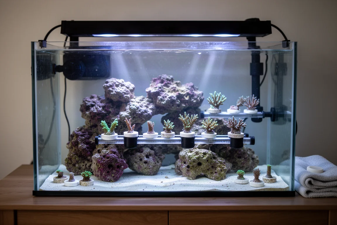 Heimisches Riffaquarium mit Lebendgestein und einem Frag-Rack mit kleinen Korallenfrags