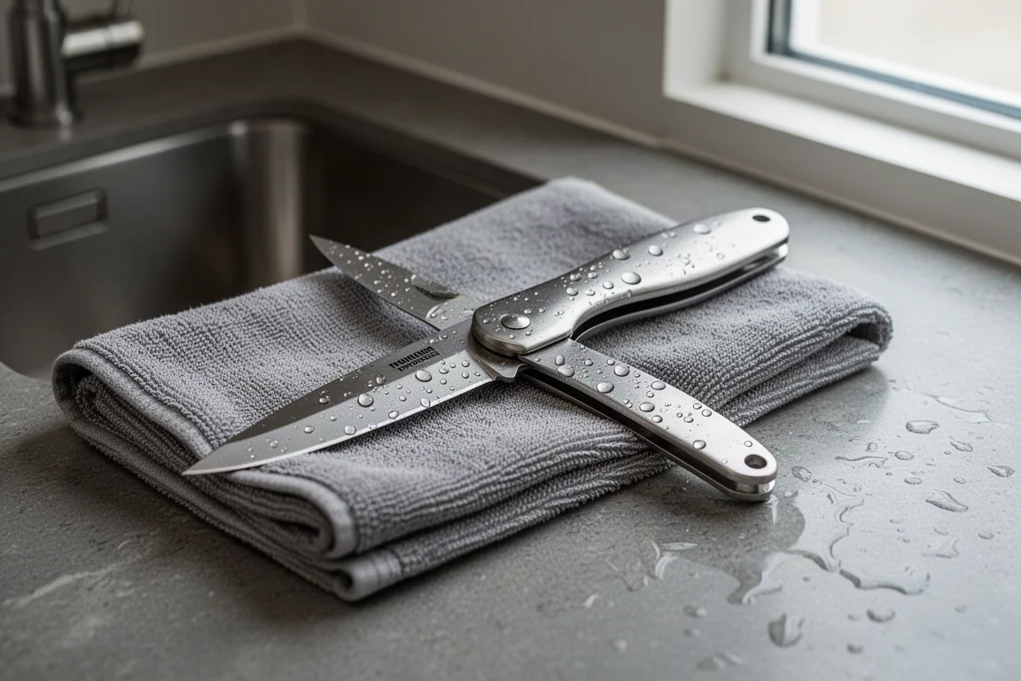 Edelstahl-Schneidwerkzeug auf einem Handtuch neben einem Waschbecken mit Wassertropfen