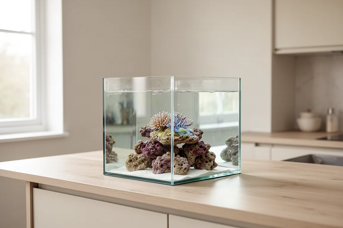 Compact glass cube reef aquarium on a light wooden kitchen countertop with clear water and coral