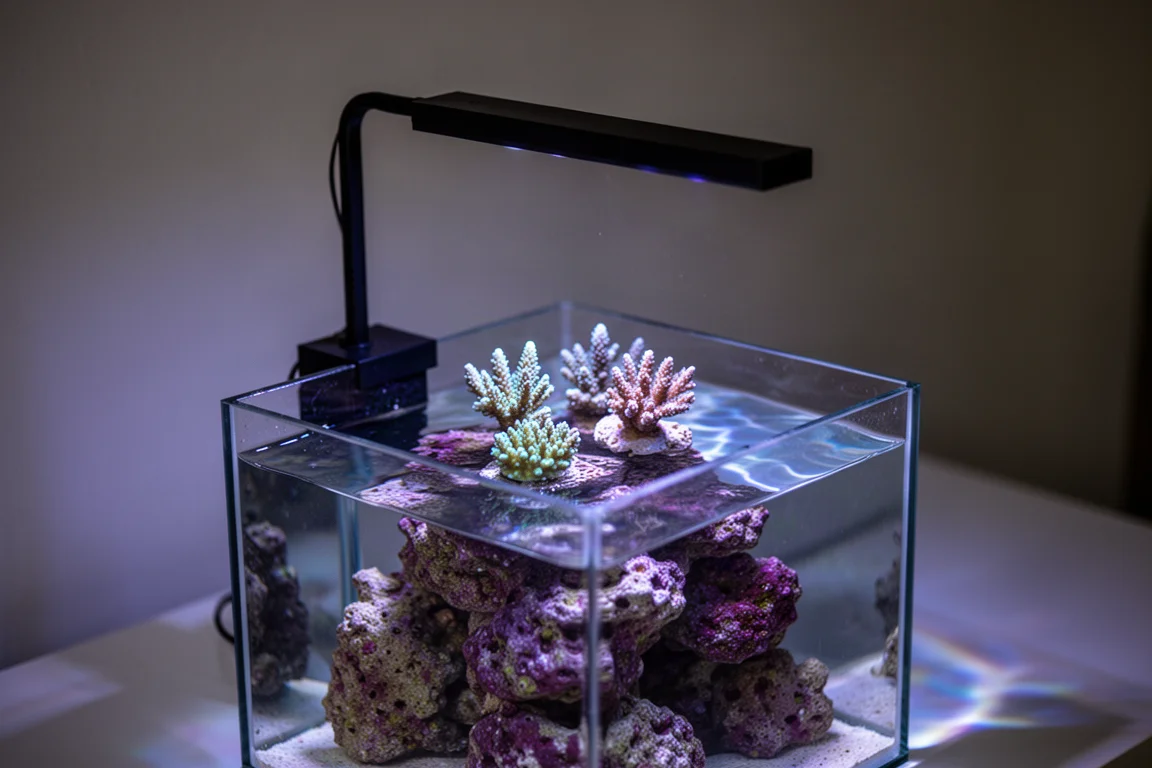 Slim LED light fixture above a nano reef cube casting blue and violet light over coral