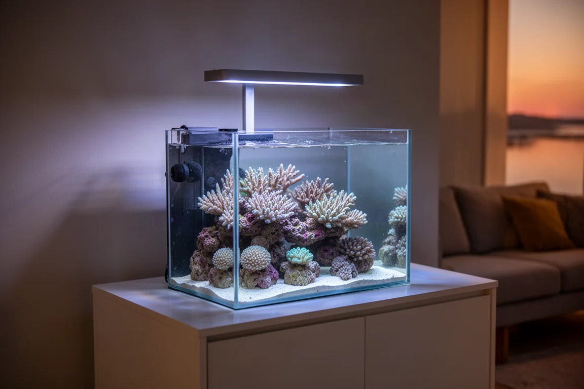 Nano cube reef aquarium on a white cabinet in a calm living space at dusk