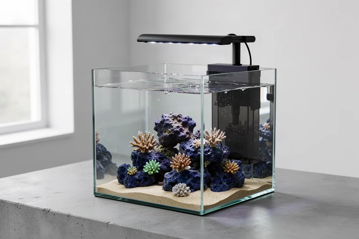 Compact glass cube reef aquarium with LED light on a matte concrete surface