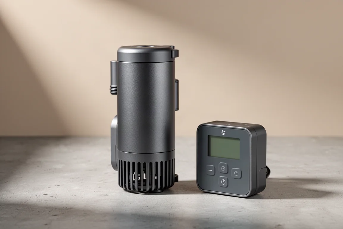 Maxspect Jump 10K 水槽用リターンポンプと、その横にある小さな正方形のデジタルコントローラー