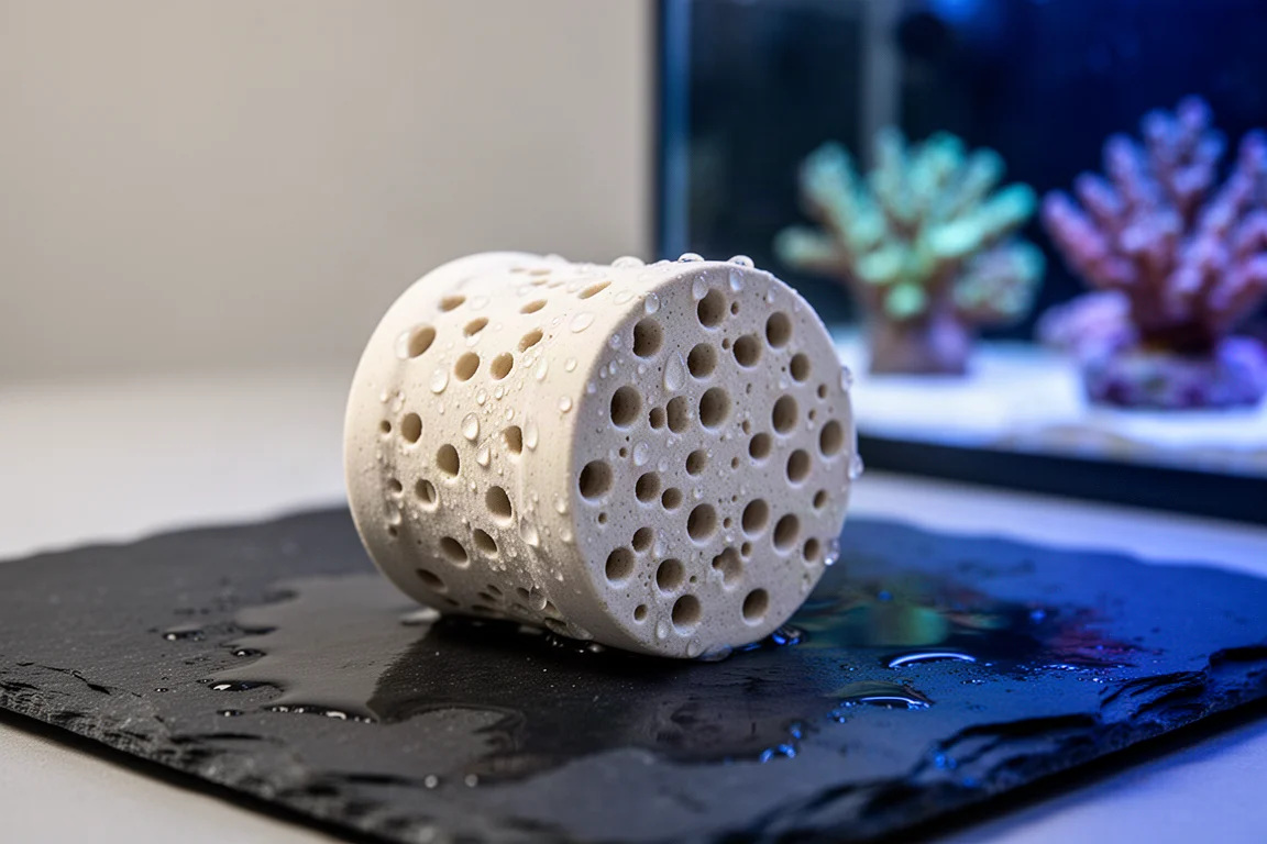 Primo piano di un frag plug in ceramica porosa su ardesia bagnata con gocce d'acqua nelle sue porosità