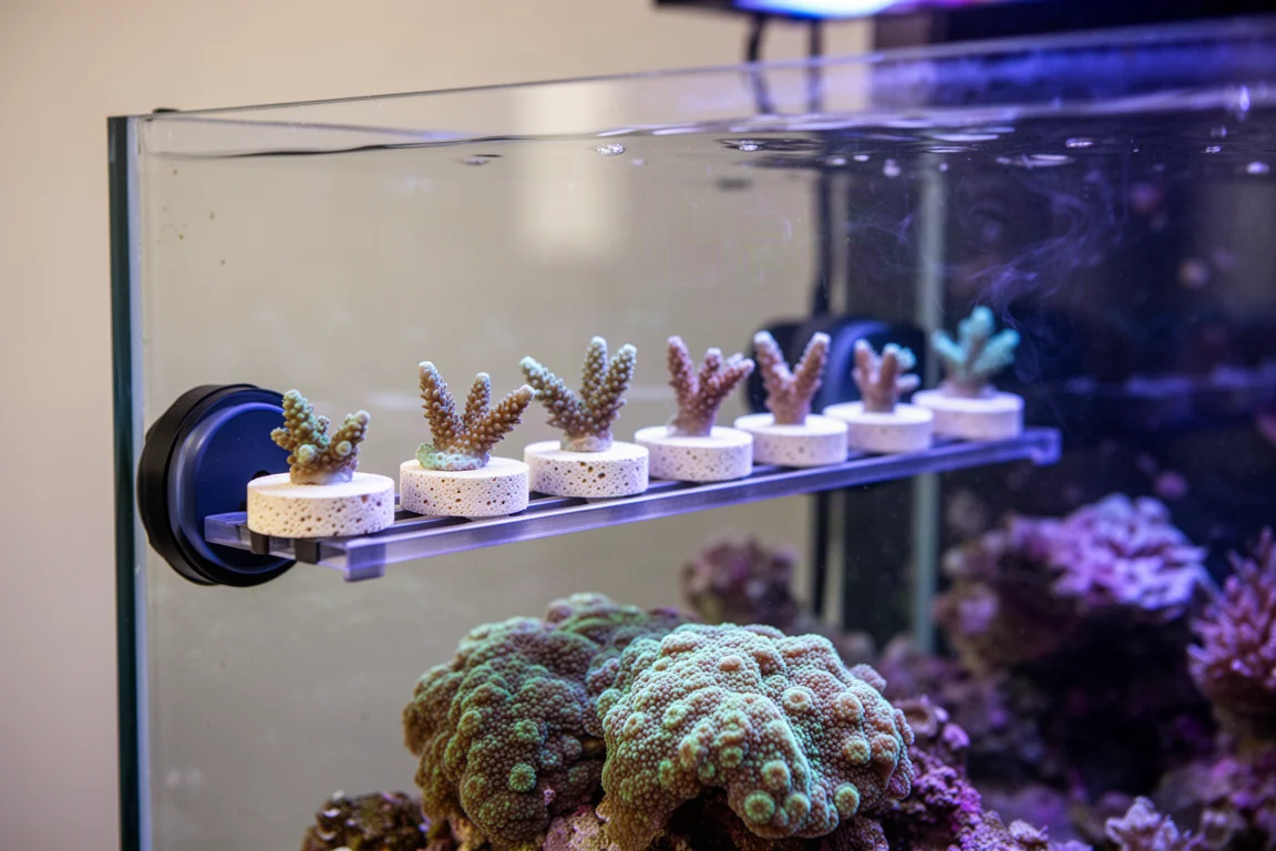 Frag rack per acquario di barriera con una fila di frag di corallo su pallidi plug porosi